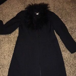 THALIAN WOOL BLACK REAL FUR LONG POCKETED BLAZER EUC